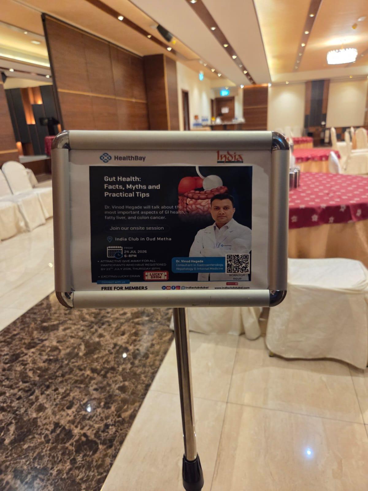 Event poster – Gut Health: Facts, Myths and Practical Tips by Dr. Vinod Hegade at India Club, Oud Metha, Dubai